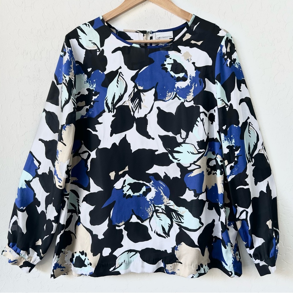 Liz Claiborne Blouse with built in Cami, Blue, Black and White, Size L